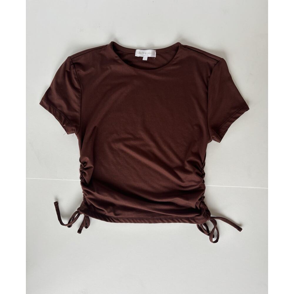Riley & James Brown Ruched Side Tie Crop Top Y2K Baby Tee Small